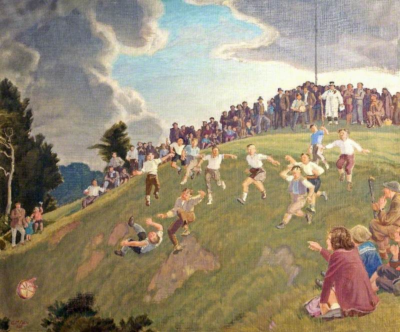 ‘Cheese Rolling on Cooper’s Hill’ was painted by Charles March Gere in 1948, 
