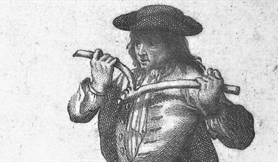 An 18th century woodcut of a man in a tricorn hat holding a forked stick out in front of him
