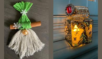 A macrame gnome made from string tied around a wooden bar, and a painted glass lantern made from an upcycled jam jar