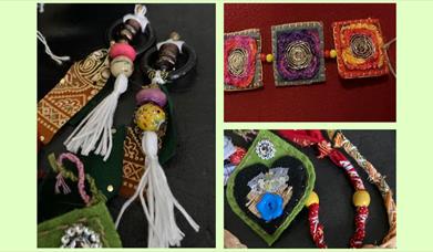 Earrings, brooches and a necklace made using brightly coloured patterned fabric