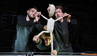 Fred, a two-foot-tall white cloth puppet, is stood dramatically with his arms and one leg stuck out, lit up against a darker background. His three pup