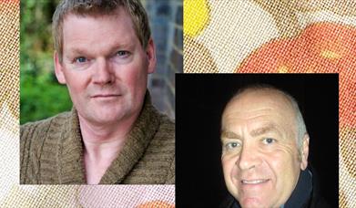 Headshots of two men, one with light brown hair and one with grey hair, with a background of brown and orange 1970s upholstery patterns