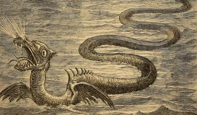 An old fashioned woodcut etching of a sea serpent swimming in the water with a sailing ship in the background