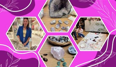 A composite image showing a smiling young woman, children painting, some crystals and a geode on a table.