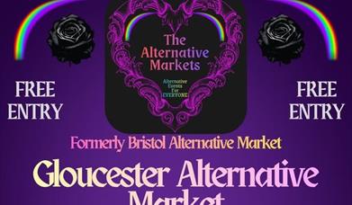 The Alternative Markets logo - a heart shaped foliate wreath on a purple background with a black rose and a rainbow on each side. Text reads, Gloucest