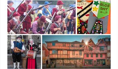 A composite image featuring civil war reenactors shooting muskets, musicians in historical costume, brightly coloured coats of arms made by children, 