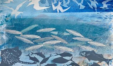 A screen print of the ocean containing fish, young eels and birds diving down to catch them.