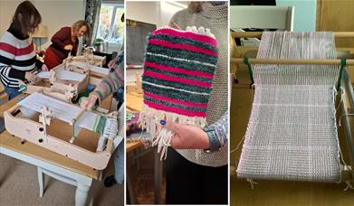People weaving on small wooden looms and someone holding a brightly coloured rectangle of woven fabric