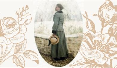 A banner with a floral pattern. At the centre is a watercolour style image of Beatrix Potter