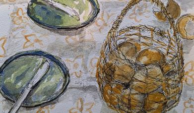 A watercolour painting of a basket of brown eggs on a table with two sets of plates and knives.