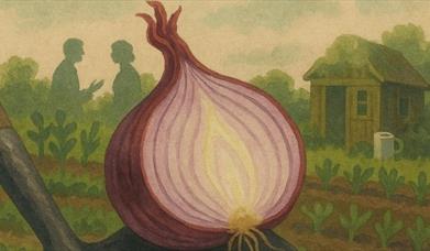 A watercolour style image of an onion in an allotment with the silhouettes of two people arguing in the background