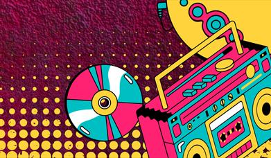 A brightly coloured cartoon of a boom box, a CD and a Walkman.