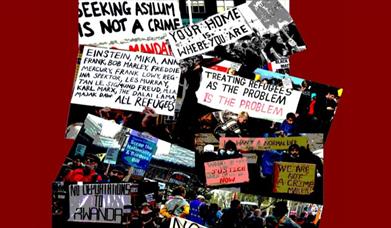 An outdoor demonstration with people holding a range of posters calling for justice for refugees
