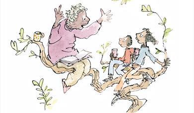 Quentin Blake image for Refugee Week of a family eating and drinking in a tree