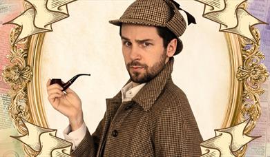 A young man in a deerstalker hat and a Gabardine cape holding a pipe and looking pensive