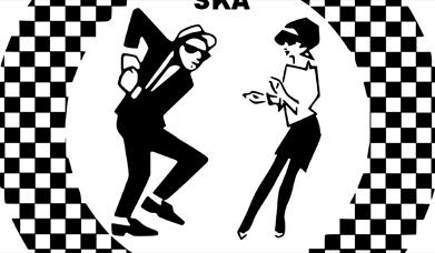 A black and white retro drawing showing a man in a black suit with a pork pie hat and a woman with a beehive hairdo dancing