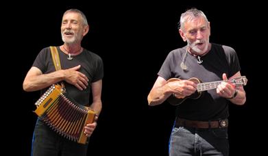 Composite image of Irish musician Tom Lewis playing the accordion on the left, and the ukulele on the right, while singing.