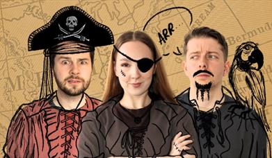 Three pirates in front of an old fashioned map
