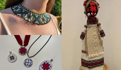 A traditional Ukrainian beaded necklace, embroidered amulet and cloth doll ornament