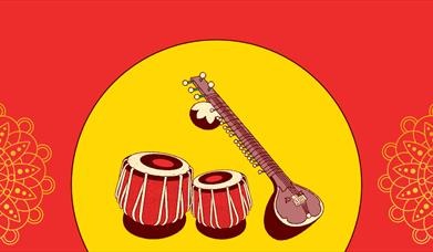 A drawing of a sitar and two tabla drums against a yellow and orange background