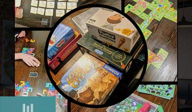 A collage of board game photos.
