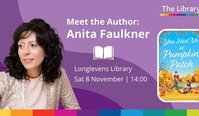 A headshot of the author and a cover image of her book You Had Me at Pumpkin Patch, with text including the same information included in the event lis