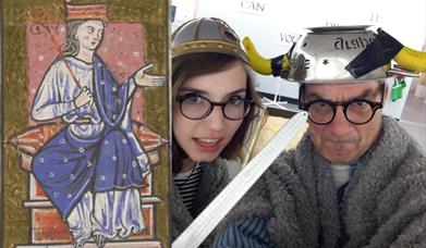 A painting of a medieval queen next to a photo of a female actor holding a sword and a male actor with a colander on his head that has bananas taped t