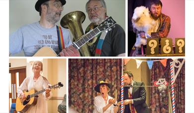 A man with a dog puppet, a magician and his assistant, a woman on guitar singing and a guitarist and trombonist looking quizzically at each other