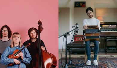 A trio of young musicians with a violin, concertina and double bass, next to a young man playing the accordion
