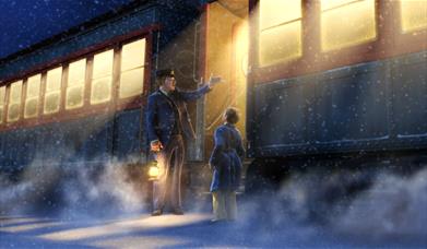 Man and boy stood next to locomotive in The Polar Express