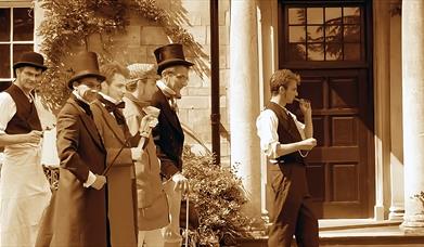 Actor John Bassett in several different Victorian costumes representing different social classes, edited to look as if they are all in the same sepia