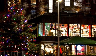 The Docks Christmas tree next to the Food Dock.