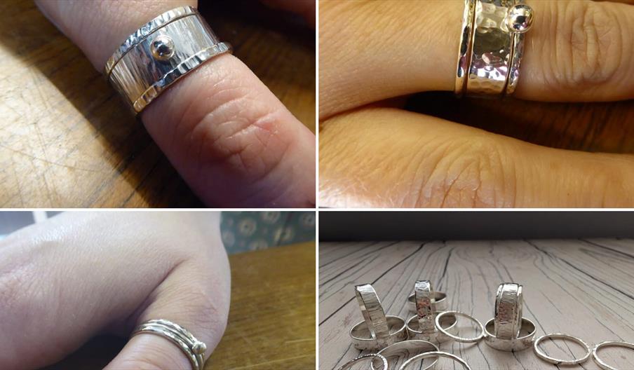 A picture containing four images of rings that can be made on the sterling silver ring making workshop run in Gloucester.