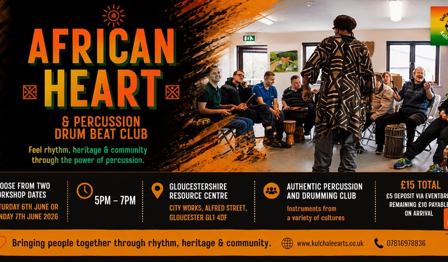 African Heart Drum & Percussion Club workshop poster by Kulchalee Arts