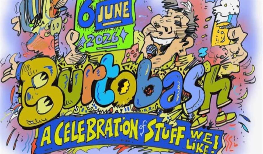 A caricature cartoon of a man with dark grey hair playing the accordion with one hand and drinking a glass of beer with another