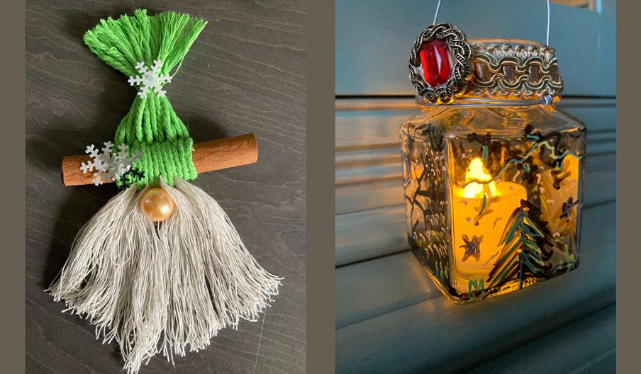 A macrame gnome made from string tied around a wooden bar, and a painted glass lantern made from an upcycled jam jar