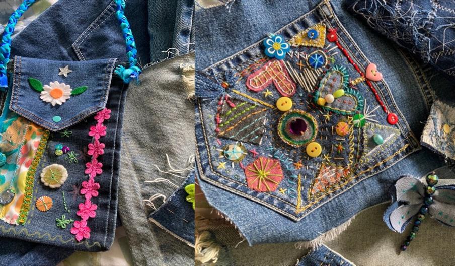 Denim embroidered with beads and different coloured thread