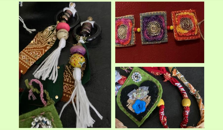 Earrings, brooches and a necklace made using brightly coloured patterned fabric