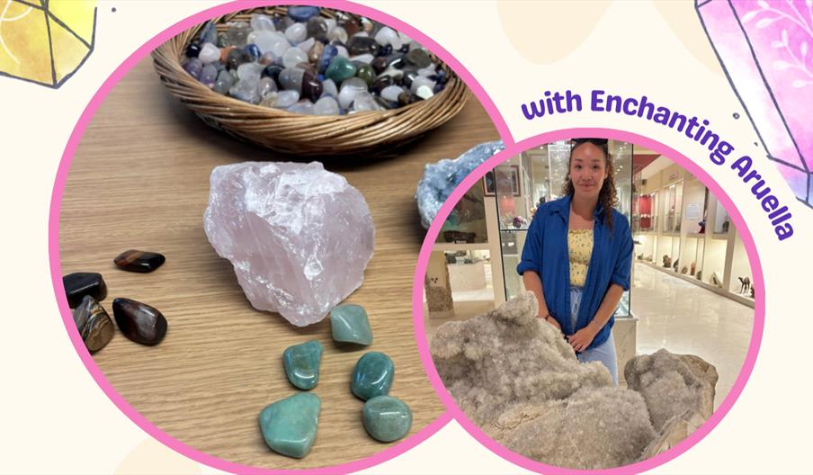 A bowl full of brightly coloured crystals and a smiling woman standing in front of a giant crystal.