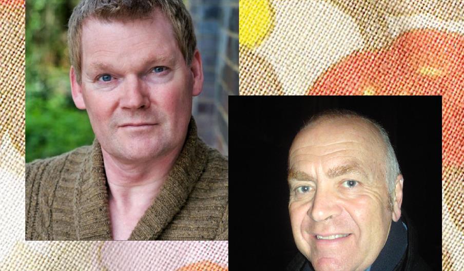 Headshots of two men, one with light brown hair and one with grey hair, with a background of brown and orange 1970s upholstery patterns