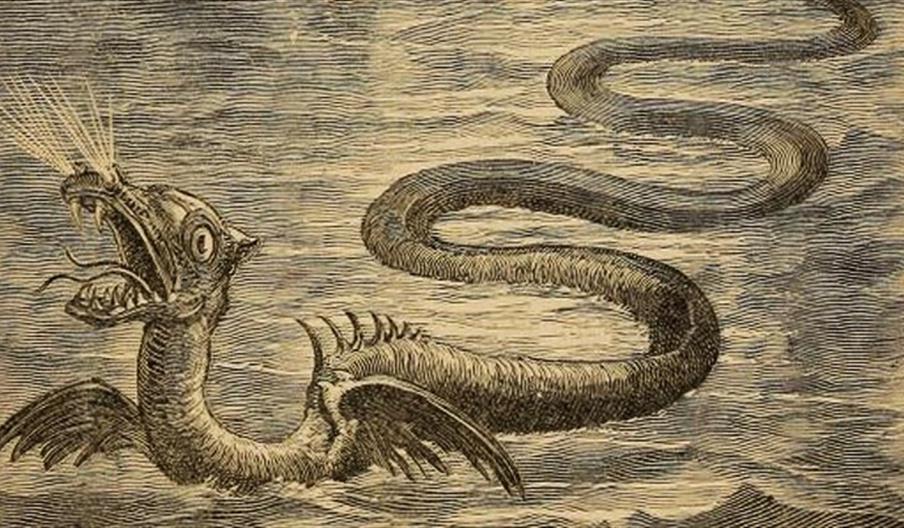 An old fashioned woodcut etching of a sea serpent swimming in the water with a sailing ship in the background