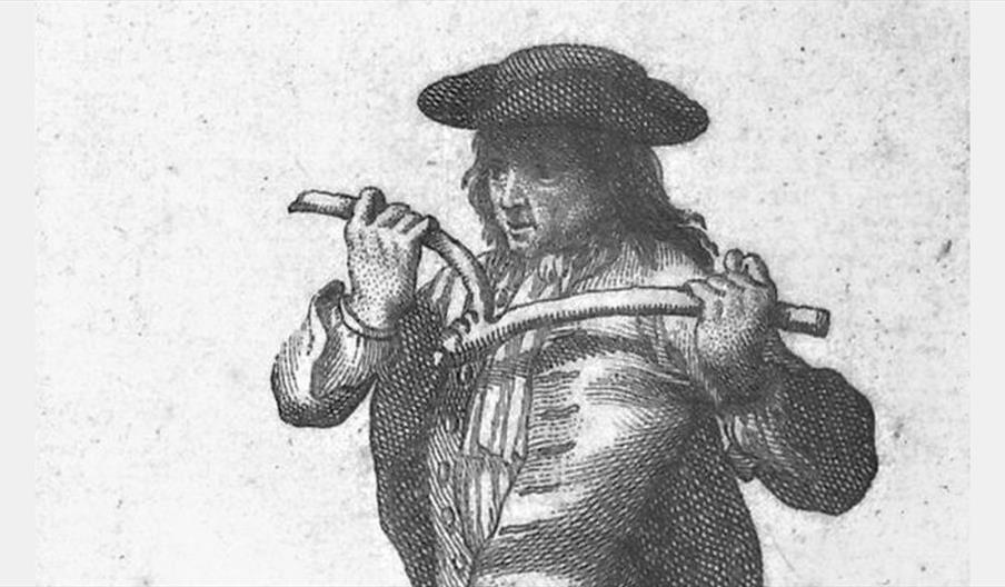 An 18th Century woodcut of a man in a tricorn hat holding a forked branch