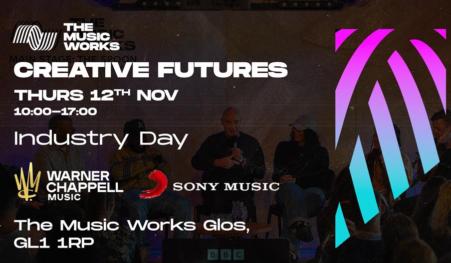 Creative Futures industry day graphic with panellits on a stage.