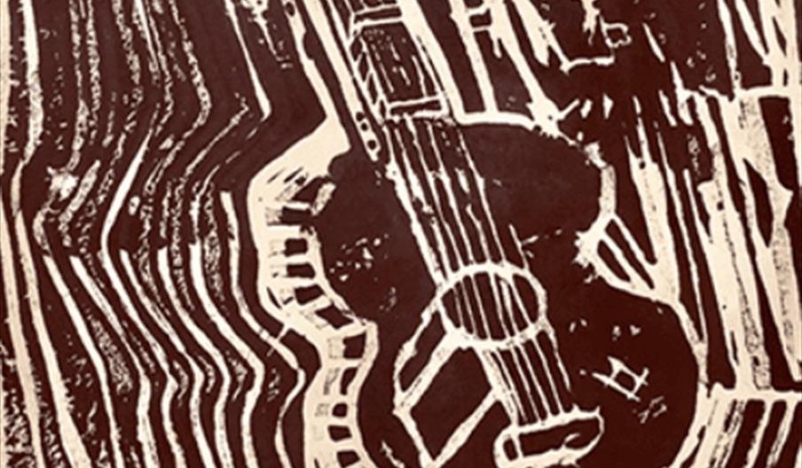 A woodcut style drawing of a guitar