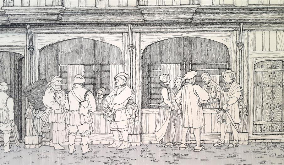 A line drawing of a Tudor building with merchants bartering outside the windows
