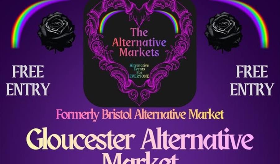 The Alternative Markets logo - a heart shaped foliate wreath on a purple background with a black rose and a rainbow on each side. Text reads, Gloucest