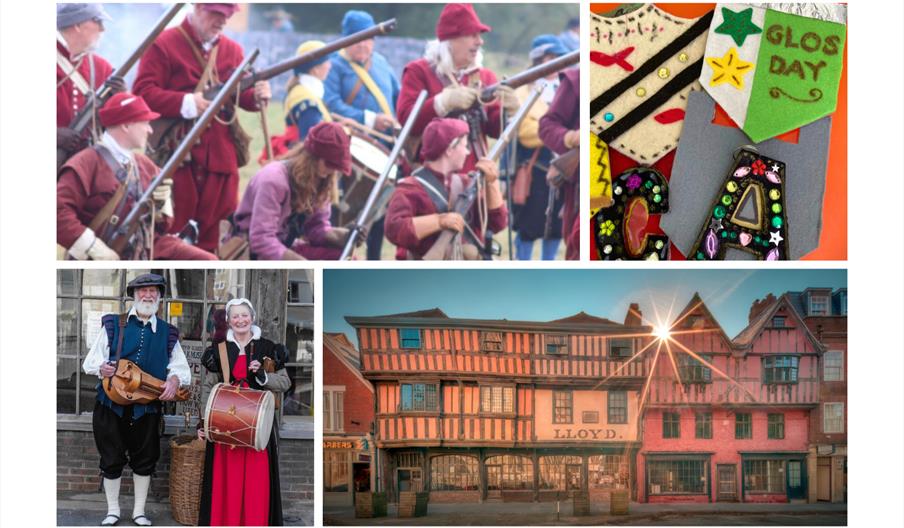 A composite image featuring civil war reenactors shooting muskets, musicians in historical costume, brightly coloured coats of arms made by children,