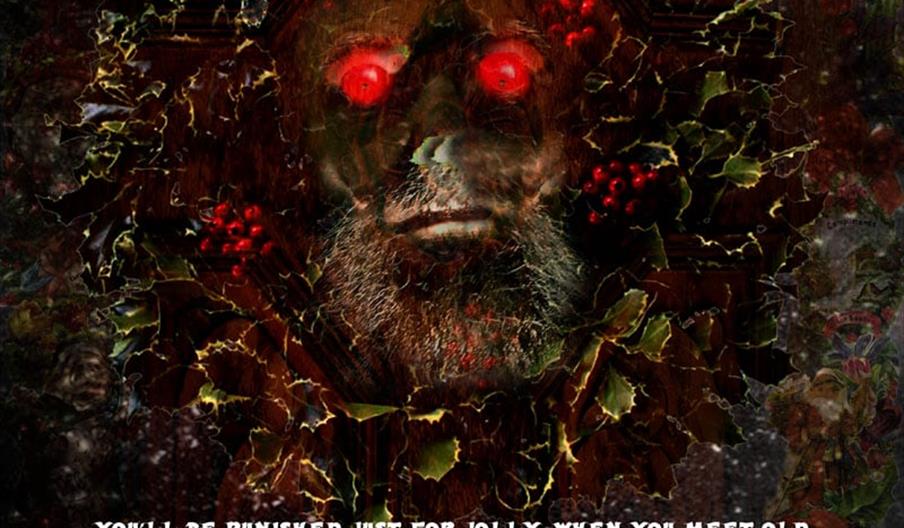 A Christmas ghost with red eyes peers towards the viewer from behind a distorted Christmas wreath.