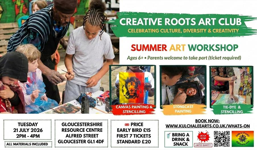 Creative Roots Art Club Summer Art Workshop poster showing children painting and creating art