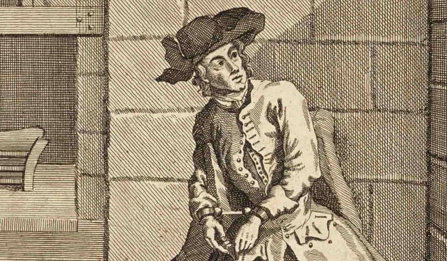 A black and white woodcut illustration of a man in a frock coat and a tricorn hat sitting in a prison cell with his hands in handcuffs